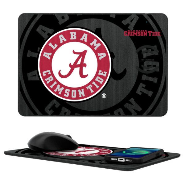 A Alabama Crimson-Tide SOLID WORDMARK BLUETOOTH SPEAKER featuring the university of alabama crimson tide logo, including a large red "a" and a smartphone resting on the pad.
