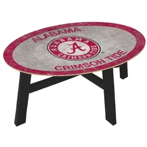 Oval-shaped table with the alabama crimson tide logo on the top, featuring a red and gray color scheme, mounted on black legs.
