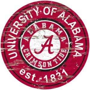 Circular logo of the university of alabama, featuring the letter "a" in red on a distressed background, with the words "university of alabama crimson tide est. 1831".