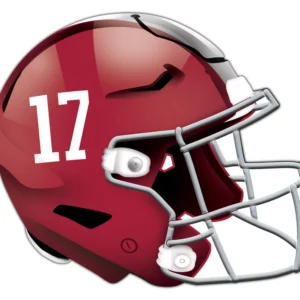 Red football helmet with the number 17 on the side, featuring white padding and a gray face mask on a white background.