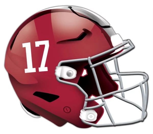Red football helmet with the number 17 on the side, featuring white padding and a gray face mask on a white background.