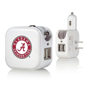 Two white USB wall chargers with the Alabama Crimson-Tide Solid Wordmark Bluetooth Speaker logo, one shown front view and the other side view, isolated on a white background.