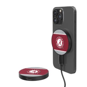 A smartphone with a Alabama Crimson-Tide SOLID WORDMARK BLUETOOTH SPEAKER on a magnetic wireless charger, connected to a matching charging pad.