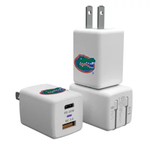 Two white Florida Gators Insignia USB A/C chargers, one larger than the other, each decorated with a colorful alligator sticker.