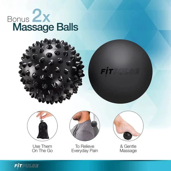 Promotional image featuring two "30 Speed High-Intensity Vibration Massage Guns", with illustrations depicting their use for shoulder, back, and foot massage. includes texts about mobility and daily relief.