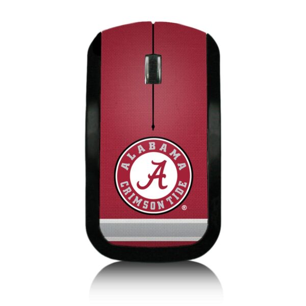 Wireless computer mouse with an Alabama Crimson-Tide Solid Wordmark Bluetooth Speaker logo on a red background.
