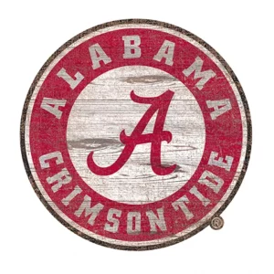 Round, vintage-style logo with "alabama crimson tide" text and a large red "a" on a distressed white wood background.