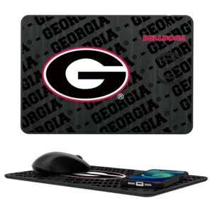 Laptop skin and wrist pad featuring the Georgia Bulldogs SOLID WORDMARK BLUETOOTH SPEAKER logo in black and red, with a coordinating mouse.