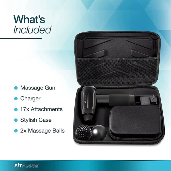 A 30 Speed High-Intensity Vibration Massage Gun kit opened to display the gun, 17 attachments, and 2 massage balls inside a black carrying case, with text describing the contents on the left.