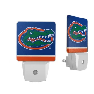 Two FLORIDA GATORS STRIPE NIGHT LIGHT 2-PACK; one facing front and one turned to show side plug, featuring the team’s alligator logo on a blue background.