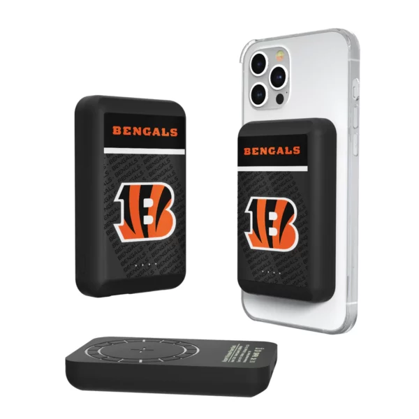 Three smartphone cases with Cincinnati Bengals logos; one transparent, two black, one including a wireless charging pad.