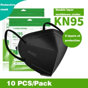 Packaging and a single 5-Layer Disposable KN95 Face Masks Black with "5 layers of protection" highlighted, emphasizing its features like meltblown cloth layer.