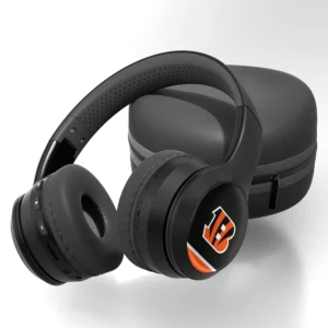 Black over-ear headphones with orange and black logo on earcups, accompanied by a matching storage case, set against a white background.