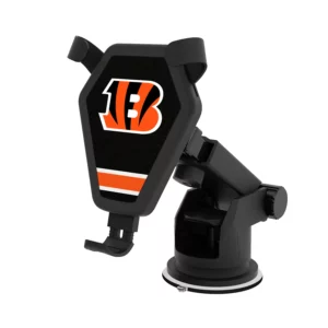 A black car phone holder with a CINCINNATI BENGALS STRIPE WIRELESS MOUSE logo in orange and white, featuring a suction cup base and adjustable clamp.