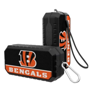 Two portable CINCINNATI BENGALS STRIPE WIRELESS MOUSE with a wrist strap and carabiner attachment, featuring the team logo and colors.