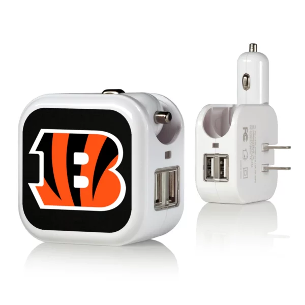 Cincinnati Bengals Stripe Wireless Mouse branded with the Cincinnati Bengals logo, featuring dual ports and an adapter for wall sockets, isolated on white background.