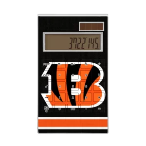 An electronic calculator displaying the number 322145, designed with a bold Cincinnati Bengals Stripe Wireless Mouse logo superimposed over its keys.