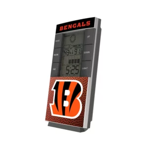 A digital weather station featuring the CINCINNATI BENGALS STRIPE WIRELESS MOUSE logo, displaying time, date, and temperature on a white background.