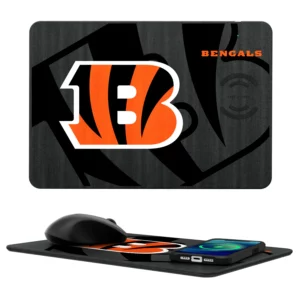 Wireless charging pad with CINCINNATI BENGALS STRIPE WIRELESS MOUSE logo, featuring a smartphone and a computer mouse on it.