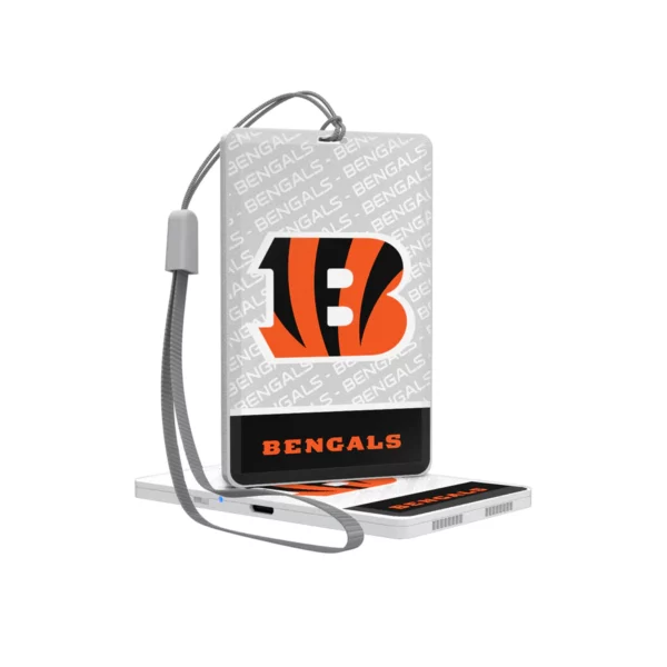 Portable battery pack with CINCINNATI BENGALS STRIPE WIRELESS MOUSE logo, connected to a smartphone by a charging cable, isolated on white background.