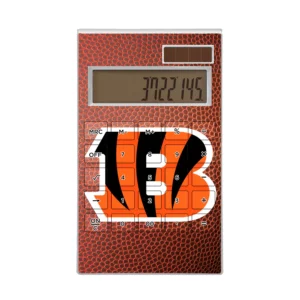 A CINCINNATI BENGALS STRIPE WIRELESS MOUSE with an orange and brown snake skin pattern and a large black 'b' on the buttons, displaying the number 723.05 on its screen.