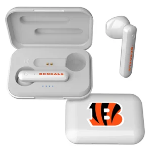 White wireless earbuds with charging case, featuring the Cincinnati Bengals Stripe wireless mouse logo on the case and one earbud.