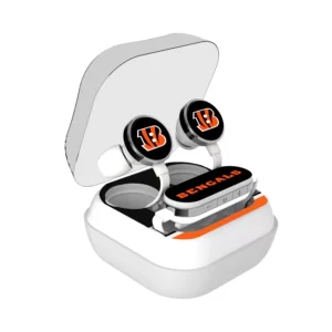 Wireless earbuds with the CINCINNATI BENGALS STRIPE WIRELESS MOUSE logo in a white charging case.