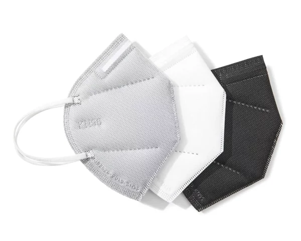 A stack of three 5-Layer Disposable KN95 Face Masks Black,10 PCS/Pack in black, white, and gray colors, isolated on a white background.