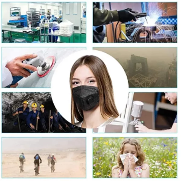 Collage of nine images depicting various scenes including a factory, welding, car detailing, urban fog, miners, a woman wearing 10pcs/pack of 5-Layer Disposable KN95 Face Masks Black, painting a desert trek and a woman sneezing in a field.