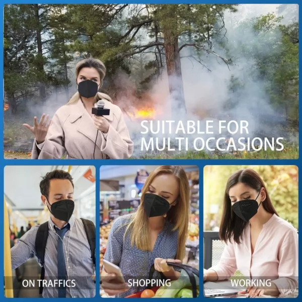 Collage showing people wearing 5-Layer Disposable KN95 Face Masks Black,10 PCS/Pack in various settings: reporting outdoors, commuting, shopping, and working in an office, illustrating mask versatility.