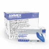 Boxes of AMMEX Professional Cerulean Nitrile PF Exam Gloves, one displaying a blue glove, isolated on a white background.