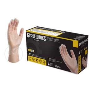 Box of gloveworks vinyl gloves displayed, containing 100 disposable gloves, alongside a mannequin hand demonstrating glove fit.