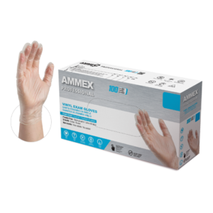 A case of AMMEX Clear Vinyl Exam Latex Free Disposable Gloves with a display image of a hand wearing a glove, indicating 1000 gloves in the case.