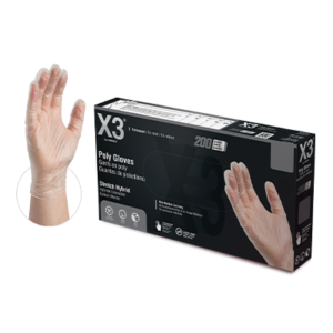 A box of x3 brand poly gloves with an image demonstrating the glove worn on a hand, isolated on a white background.