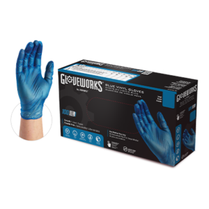 A box of Gloveworks Blue Vinyl Industrial Latex Free Disposable Gloves (Case of 1000) with an image of a hand modeling one glove to the left of the box.