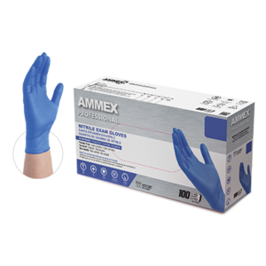 A box of AMMEX Exam Blue Nitrile PF Disposable Gloves (Case of 1000) displayed next to one blue glove. the box indicates a quantity of 1000 gloves.