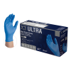 A box of X3 Ultra Blue Nitrile PF Ind Gloves with an image showing a detailed view of the glove's texture.