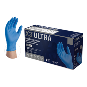 A box of X3 Ultra Blue Nitrile PF Ind Gloves with an image showing a detailed view of the glove's texture.