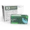Two boxes of X3 Blue Nitrile Industrial Latex Free Disposable Gloves (Case of 1000), one open displaying the gloves, highlighting the product details and branding.