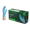 A box of blue nitrile gloves with one glove displayed next to it, indicating a pack size of 100 gloves.