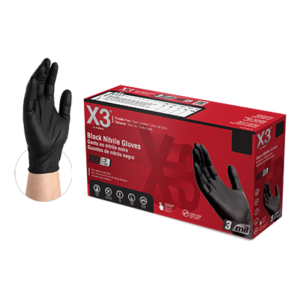 Box of X3 Black Nitrile PF Ind Gloves with an image of a hand wearing a glove next to the box.