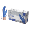 A box of ammex professional nitrile exam gloves next to a single displayed blue glove, indicating the product inside.