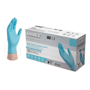 A case of AMMEX Blue Nitrile Exam Latex Free Disposable Gloves with an image of a hand wearing a glove on the side.