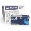 Box of X3 Ultra Blue Nitrile PF Ind Gloves with a display box and a larger bulk box in the background, both with product information.