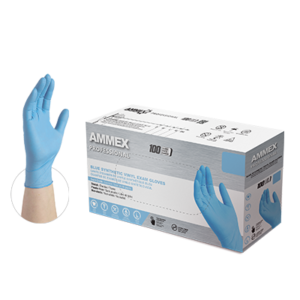 Case of AMMEX Stretch Synthetic Blue Vinyl PF Exam Gloves and a single glove displayed beside it, indicating the product within.