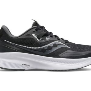 Black and white running shoe with a curved sole design, featuring "pwrrun" on the side and a reflective stripe.