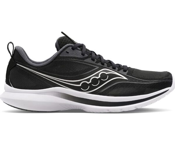 WOMEN'S KINVARA 13 Black-Silver running shoe with a distinctive curved logo on the side and a thick, cushioned sole.