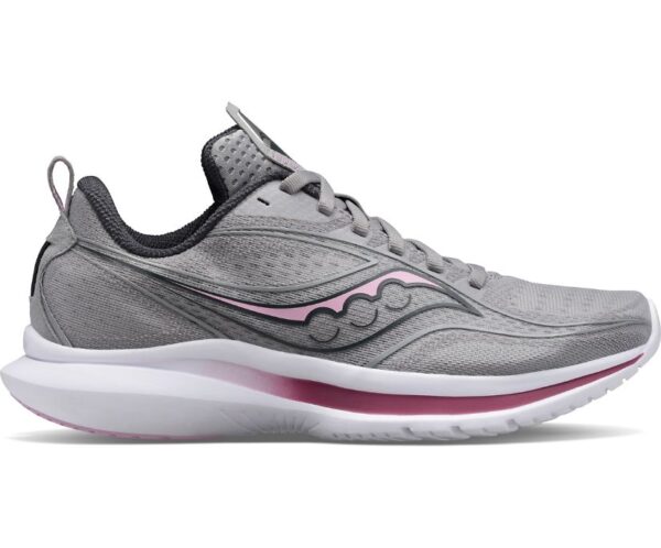 A gray Women's Kinvara 13 Alloy-Quartz with a pink and white sole and a wave-like design on the side.
