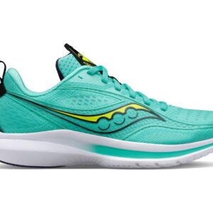 Cool Mint-Acid running shoe with a white sole, featuring a wavy yellow logo on the side and a purple inner lining.
