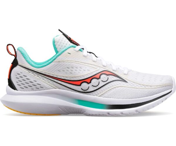 Side view of a white running shoe with a black sole, featuring teal and orange accents and a curved, red logo on the side.